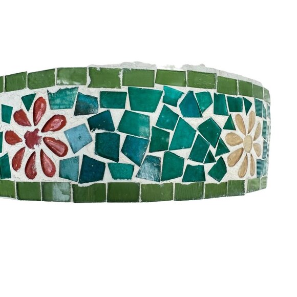 Vintage White ice Bucket Mid Century Enameled with Blue Red Green Glass 2 Handle - Picture 5 of 6